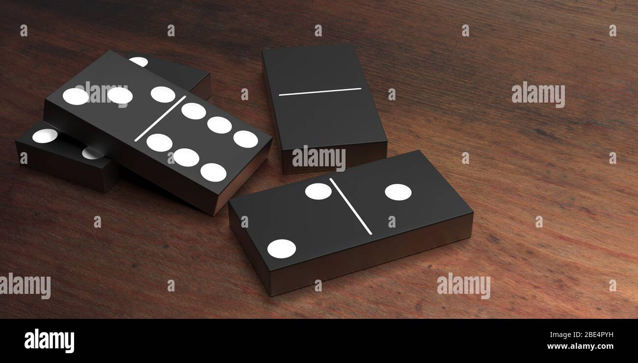 Gioco di domino. Mattonelle Domino colore nero su sfondo legno. Gioco da tavolo, tempo libero, divertimento. illustrazione 3d Foto Stock