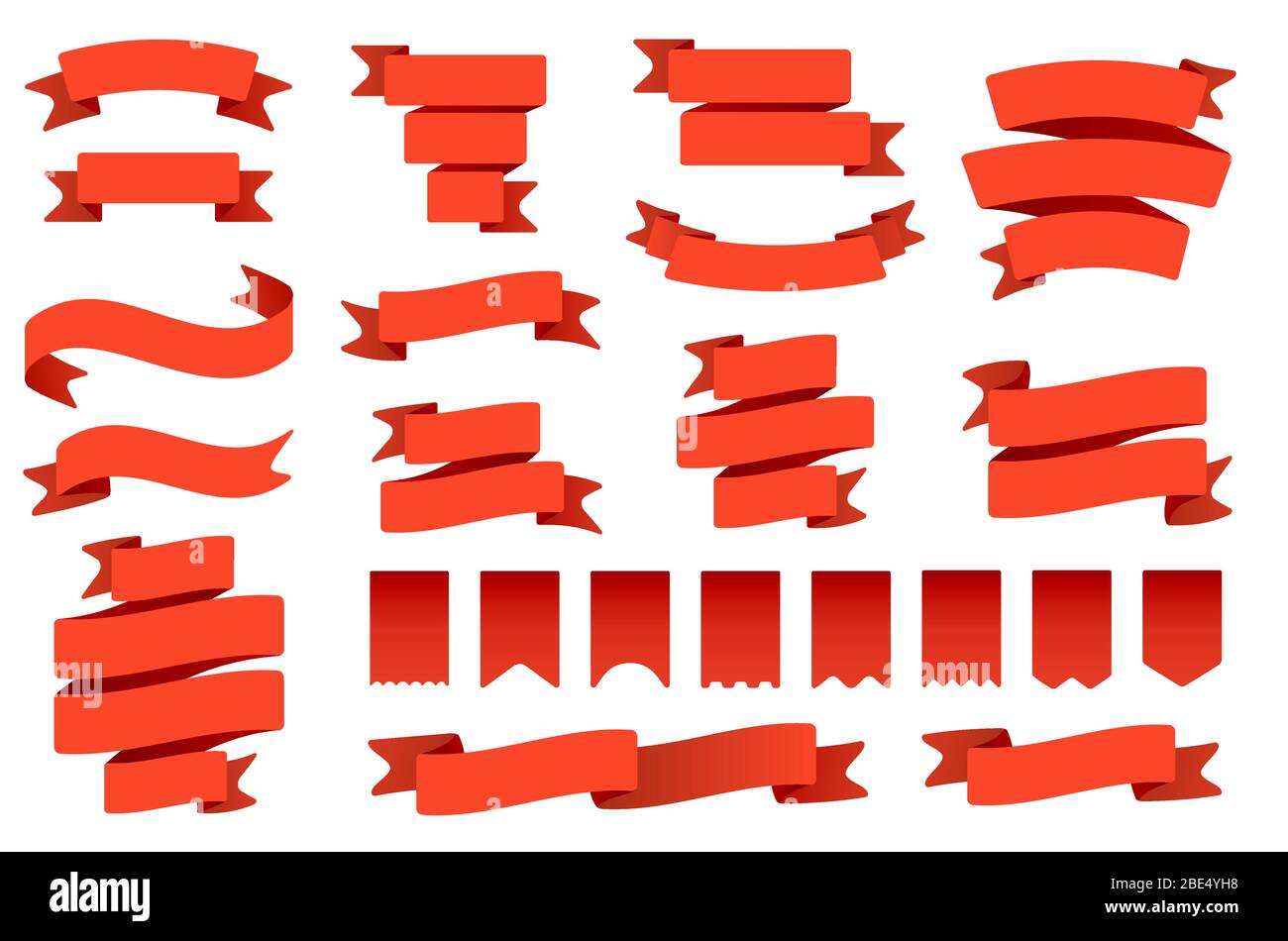 Banner e bandiere rosse del nastro. Nastro curvo retrò, bandiera vintage e set vettoriale piatto isolato per striscioni curvilinei. Collezione di pennant, etichette e. Illustrazione Vettoriale