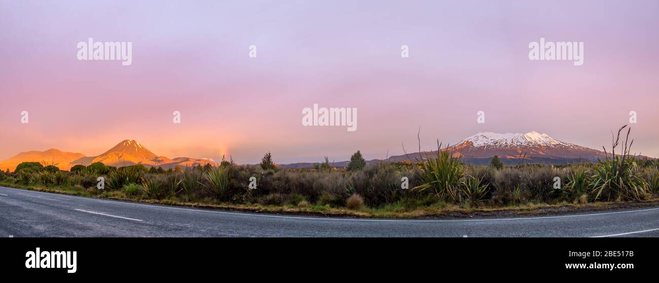 Splendida vista panoramica a 180 gradi al tramonto del monte Ngauruhoe e del monte Ruapehu nel parco nazionale neozelandese di Tongariro Foto Stock