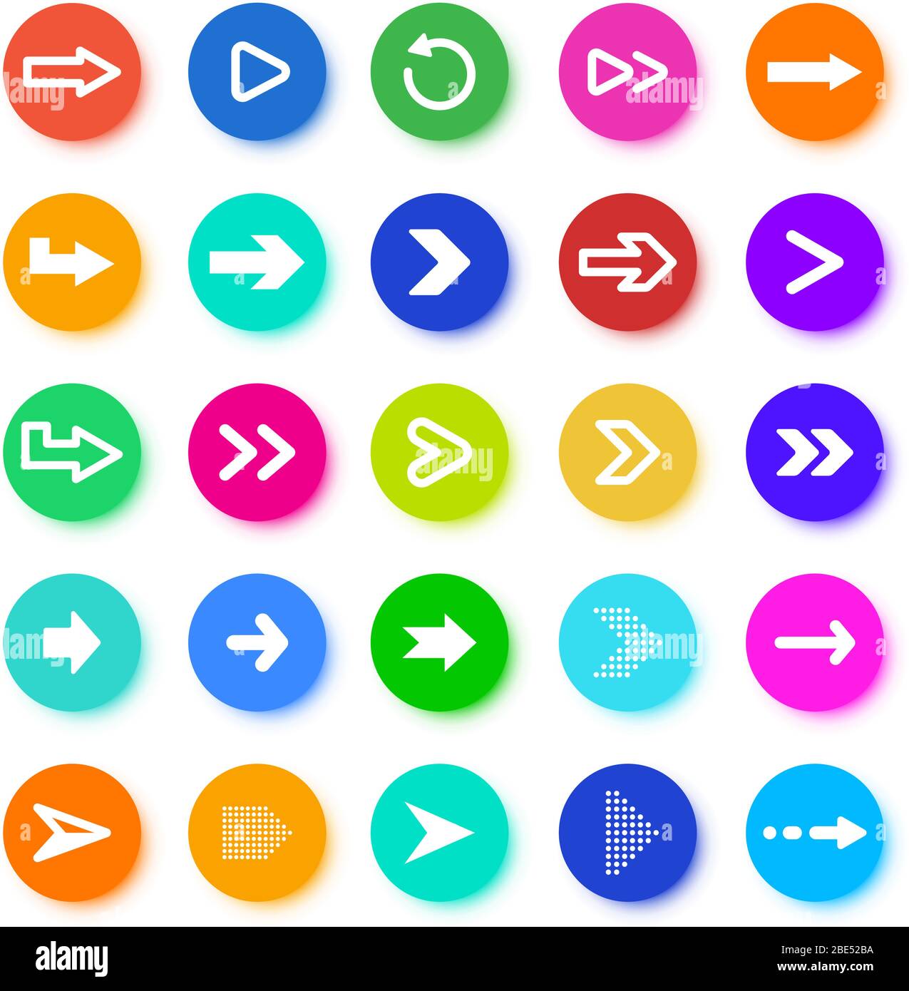 Pulsante frecce. Elementi cerchiati con icone a freccia, segno di freccia del puntatore per le applicazioni mobili, insieme di illustrazioni vettoriali per l'interfaccia utente e il disegno Web. Navigazione colorata Illustrazione Vettoriale