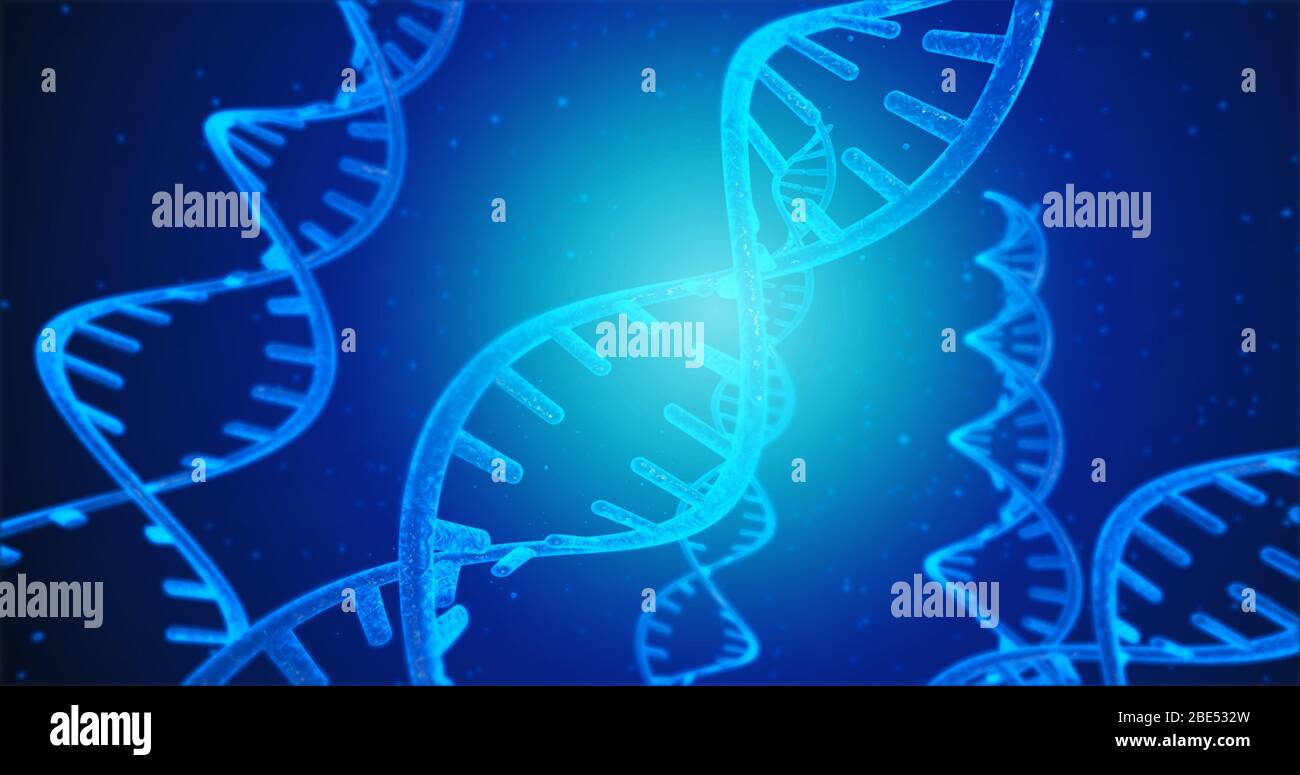 Struttura del DNA blu e cellule sotto il sistema del DNA umano illustrazione 3D Foto Stock