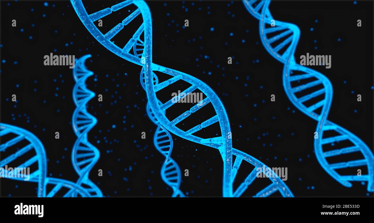 Struttura del DNA blu e cellule sotto il sistema del DNA umano illustrazione 3D Foto Stock