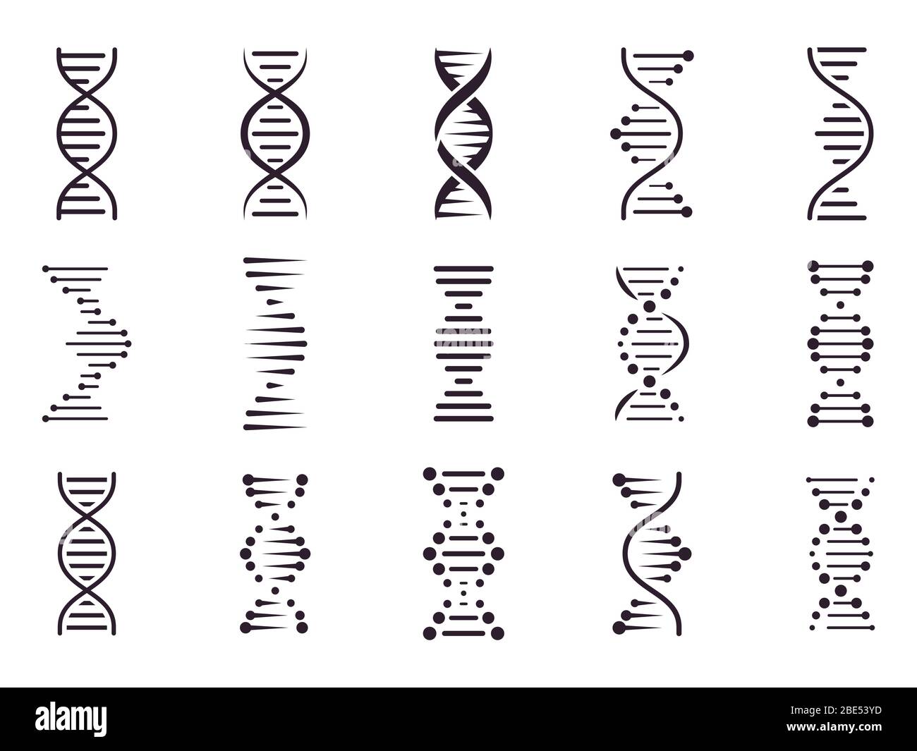 Icona DNA spirale. Struttura a spirale a elica di DNA, concetto di cromosoma di scienza medica, biologia simboli genetici insieme di icone vettoriali isolate Illustrazione Vettoriale