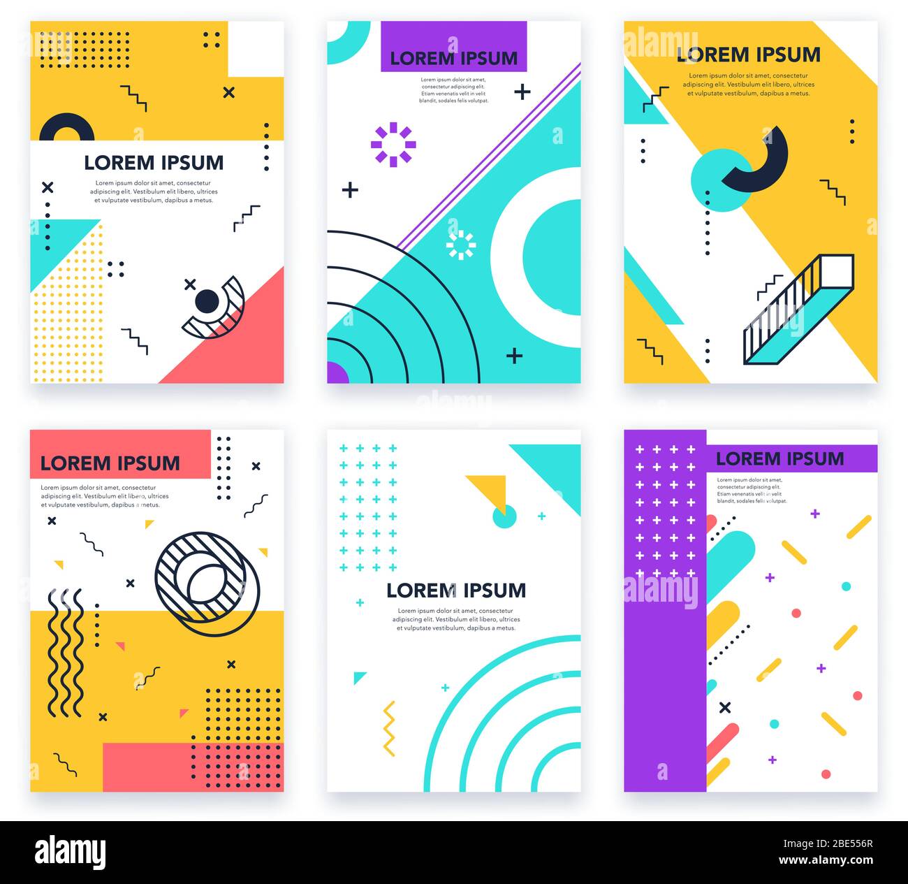 Poster memphis astratto. Grafica minimalista memphis degli anni '80, cerchio astratto, linee e punti elementi, colorato invito geometrico retrò Illustrazione Vettoriale