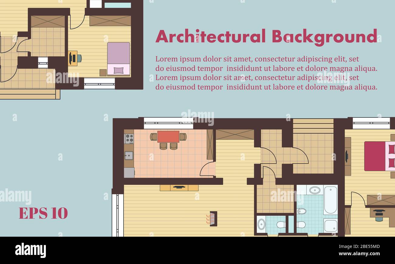 Sfondo architettonico. Piani architettonici di edifici residenziali. I disegni di cottage. Illustrazione vettoriale colorata EPS10 Illustrazione Vettoriale