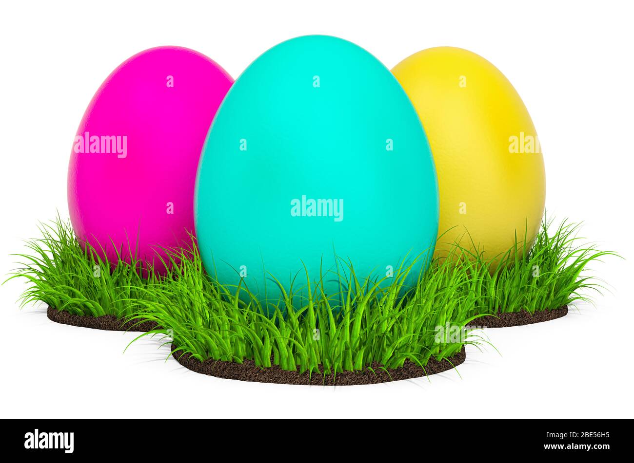 Uova di Pasqua colorate nell'erba verde, concetto di Pasqua. Rendering 3D isolato su sfondo bianco Foto Stock