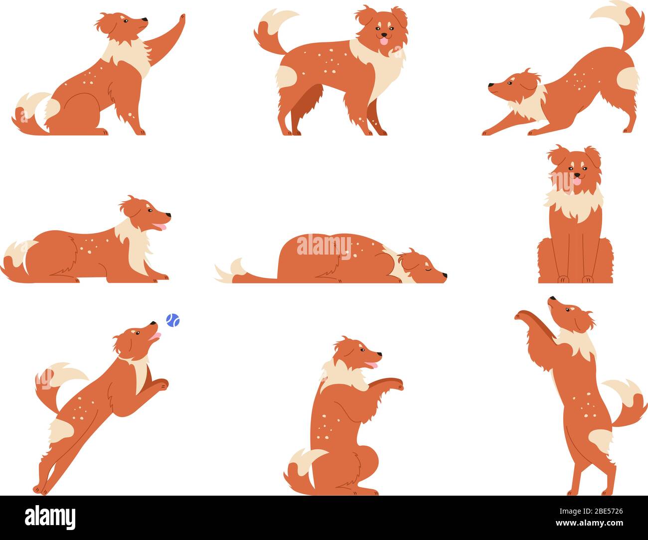 Movimento del cane. Attività divertenti dei cani, simpatico personaggio animale in varie pose corsa, gioco e sonno. Cani azione di addestramento e trucchi vettore Illustrazione Vettoriale
