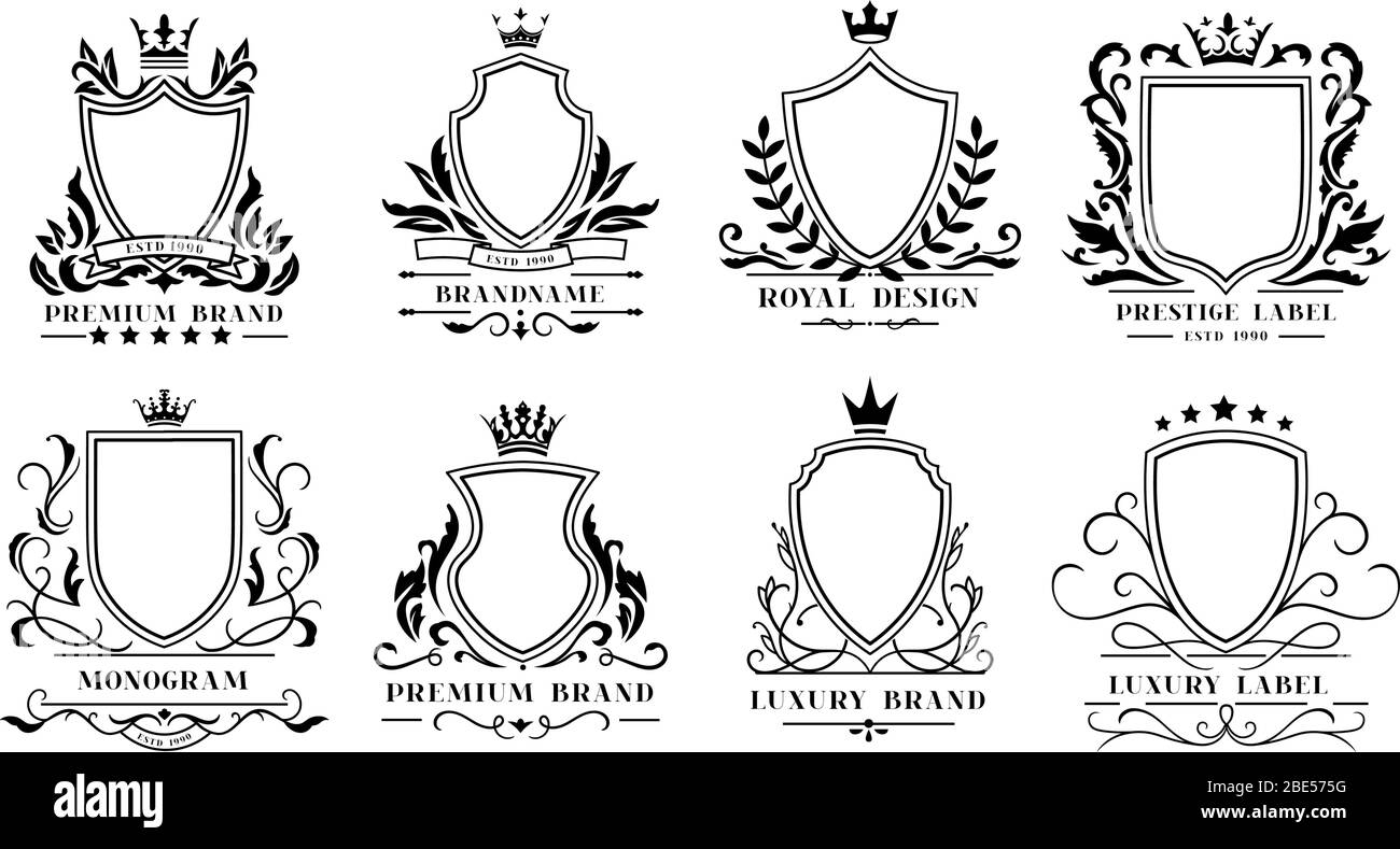 Badge Royal Shield. Cornici ornamentali vintage, bordi araldici decorativi del regio swirl e emblemi di lusso per matrimoni in filigrana, set di icone vettoriali isolate Illustrazione Vettoriale