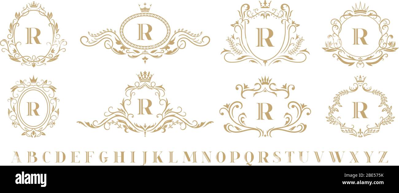Monogramma di lusso. Monogrammi decorativi vintage, emblema di lusso retrò e ornamentale ornamentale ornamentale ornamentale, ornamento araldico barocco, icone vettoriali isolate Illustrazione Vettoriale