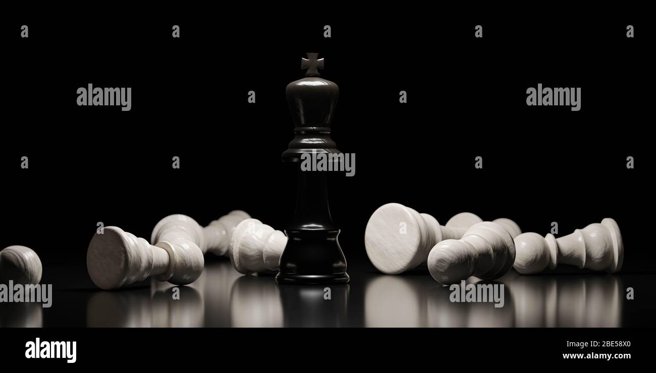 Gioco di Scacchi - figura di re nero e pedine bianche cadute su uno sfondo scuro basso illuminazione tasto 3d rendering illustrazione Foto Stock