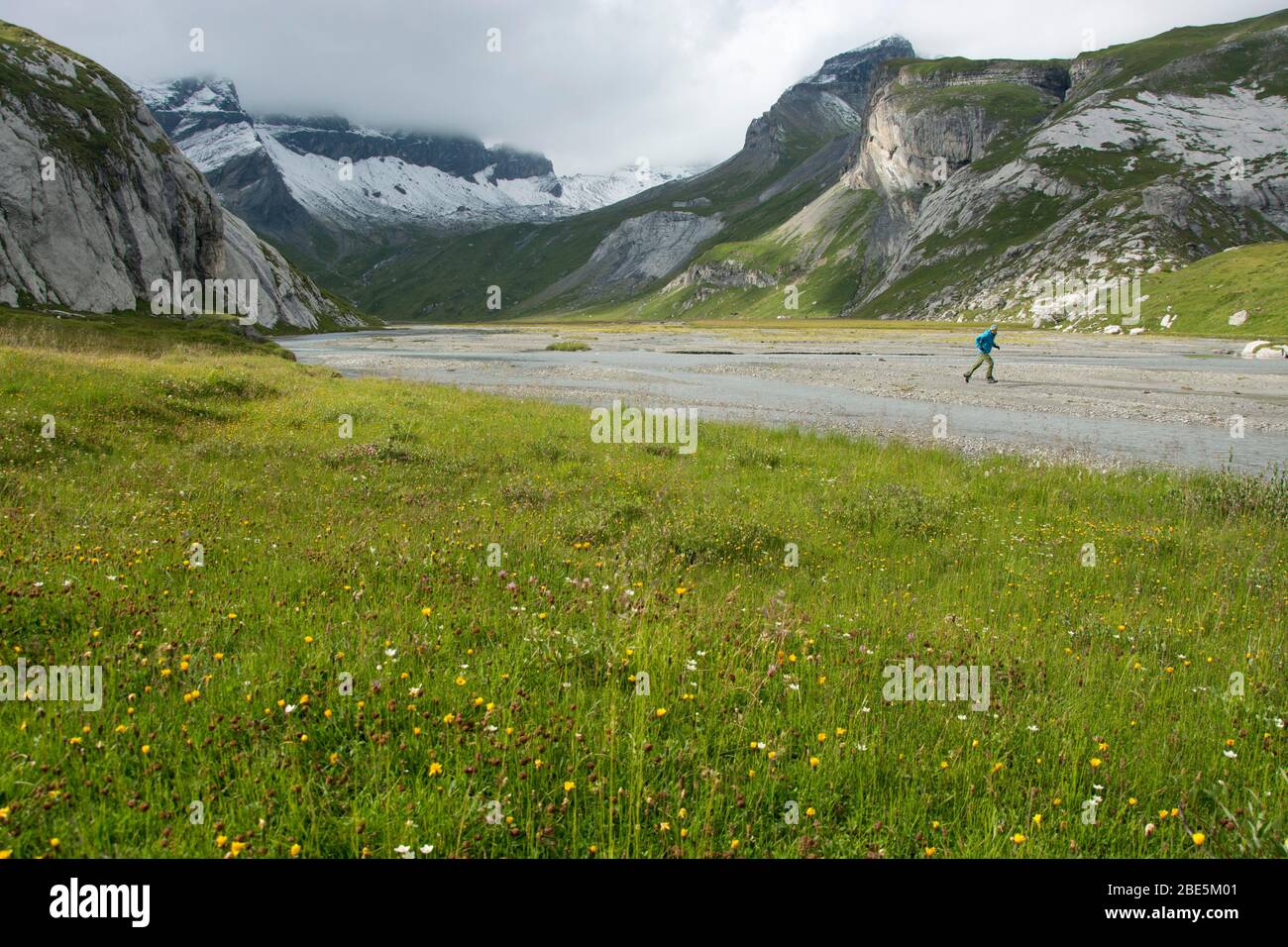 Blick über die untere Sagnes-Ebene, Auenlandschaft von nationaler Bedeutung, Berhalb von Flims, Graubünden Foto Stock