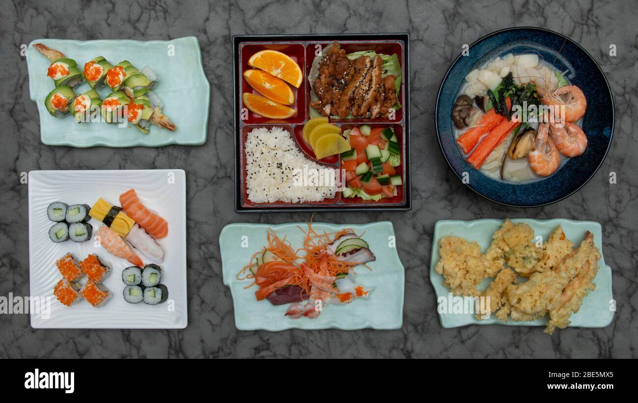 Una selezione di piatti Giapponesi Foto Stock