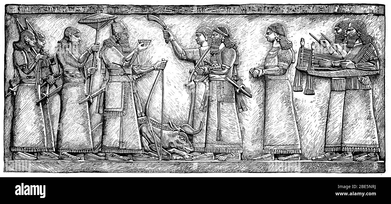 Assur-napir-apli II, anche Aschur-nasir-apli, Assur-nasirpal, governato come re assiro dal 883 al 859 a.C., qui porta gli dei un'offerta di bevanda dopo la sua vittoria sul toro selvatico, Impero assiro / Assur-napir-apli II., auch Aschur-nasir-apli, König regischer von Assirischer, 859 883,  -Assirs-sur-Assirs, sir-Assirer, v. Hier bringt er den Göttern nach seinem Sieg über den wilden Stier ein Trankopfer, Assyrisches Reich, Historisch, riproduzione digitale migliorata di un originale del 19 ° secolo / digitale Reproduktion einer Originalvorlage aus dem 19. Jahrhundert Foto Stock