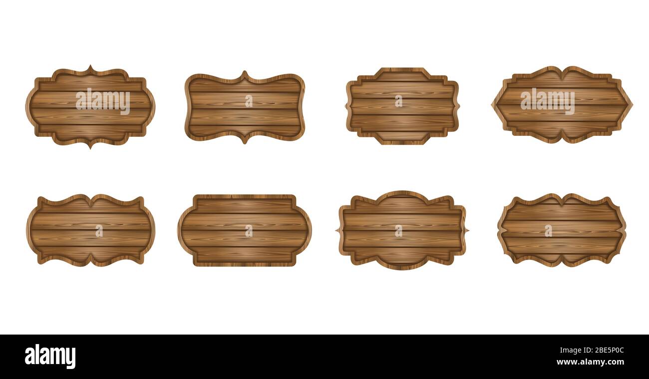 Set di tavole di legno. Etichette in legno, cartelli, banner collection Foto Stock