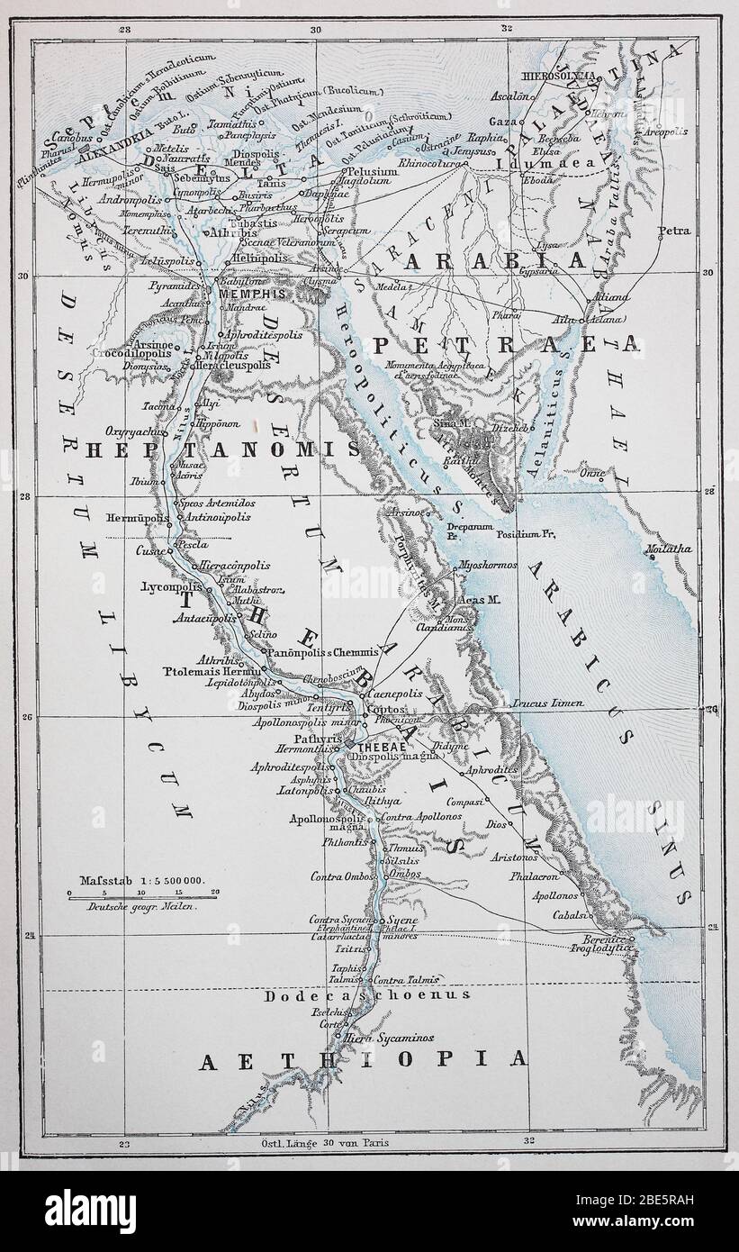 Mappa dell'antico Egitto e Petraea / Landkarte des alten Ägypten und Petraea, Historiisch, riproduzione digitale migliorata di un originale del 19 ° secolo / digitale Reproduktion einer Originalvorlage aus dem 19. Jahrhundert Foto Stock