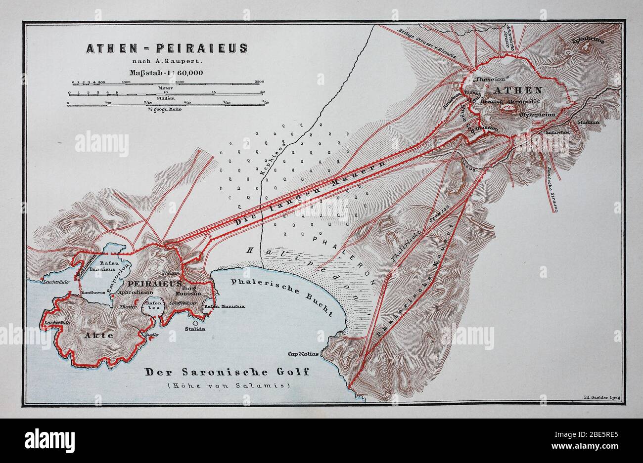 Vecchia mappa di Atene e Peiraieus, Grecia / alte Landkarte von Athen und Peiraieus, Griechenland, Historisch, riproduzione digitale migliorata di un originale del 19 ° secolo / digitale Reproduktion einer Originalvorlage aus dem 19. Jahrhundert Foto Stock