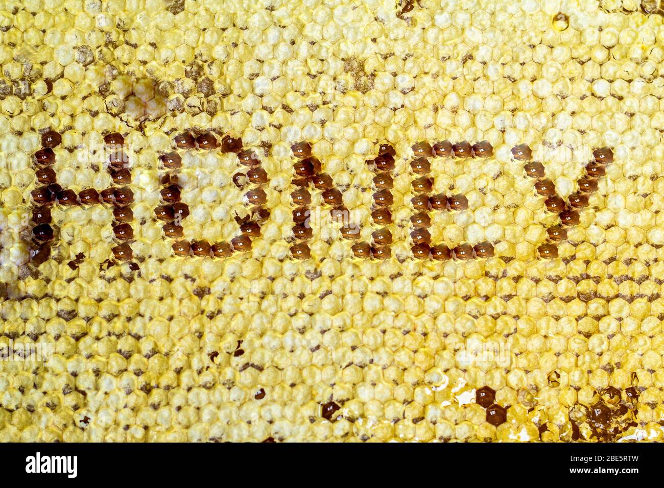 Nido d'ape con testo di lettere miele.parole manoscritte miele Foto Stock