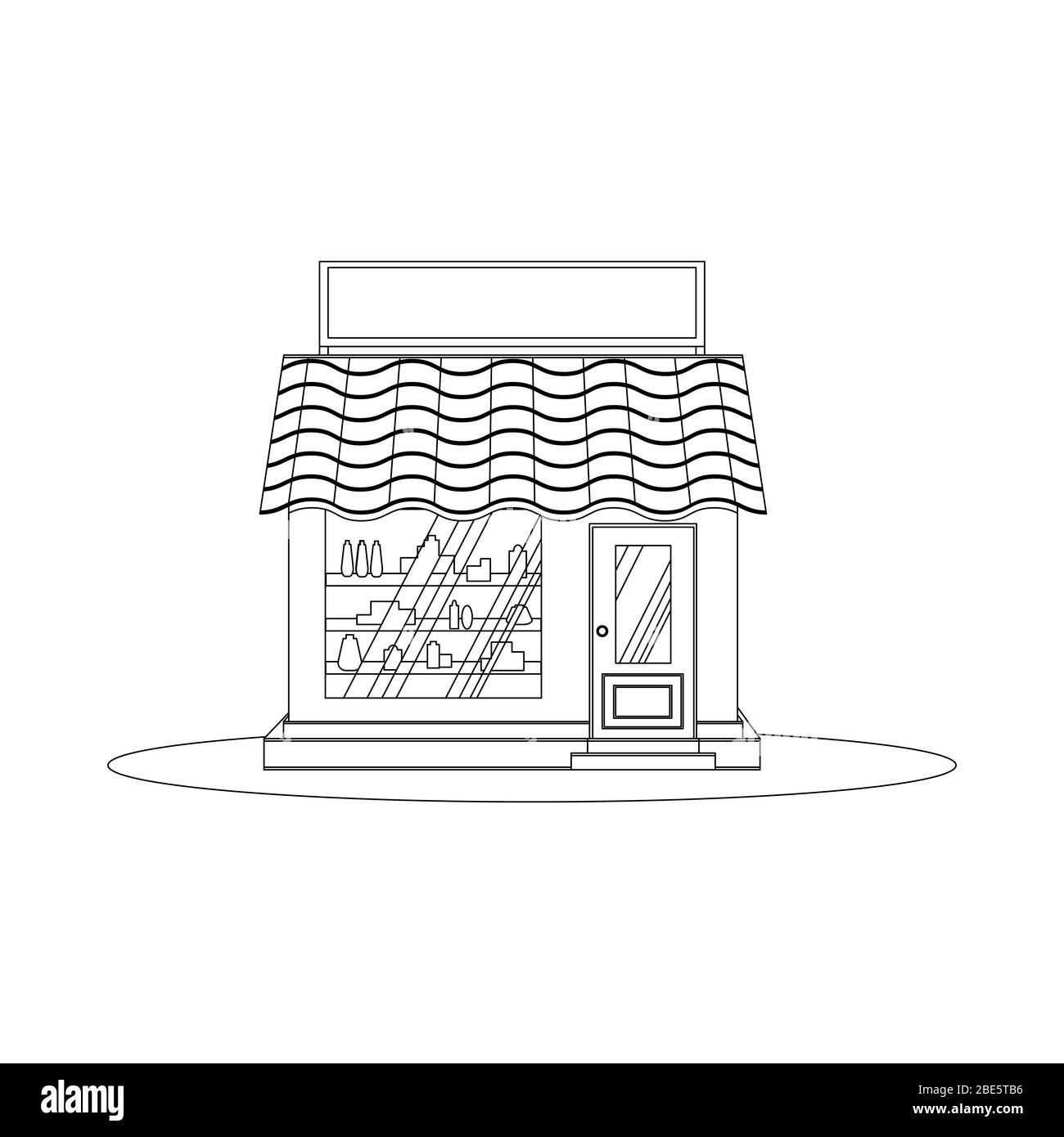 Facciata dell'edificio. Un panificio, un caffè, una pasticceria e un piccolo negozio di dessert. Mercato o supermercato. Illustrazione vettoriale. Con tenda. Contorno, linea, icona Illustrazione Vettoriale