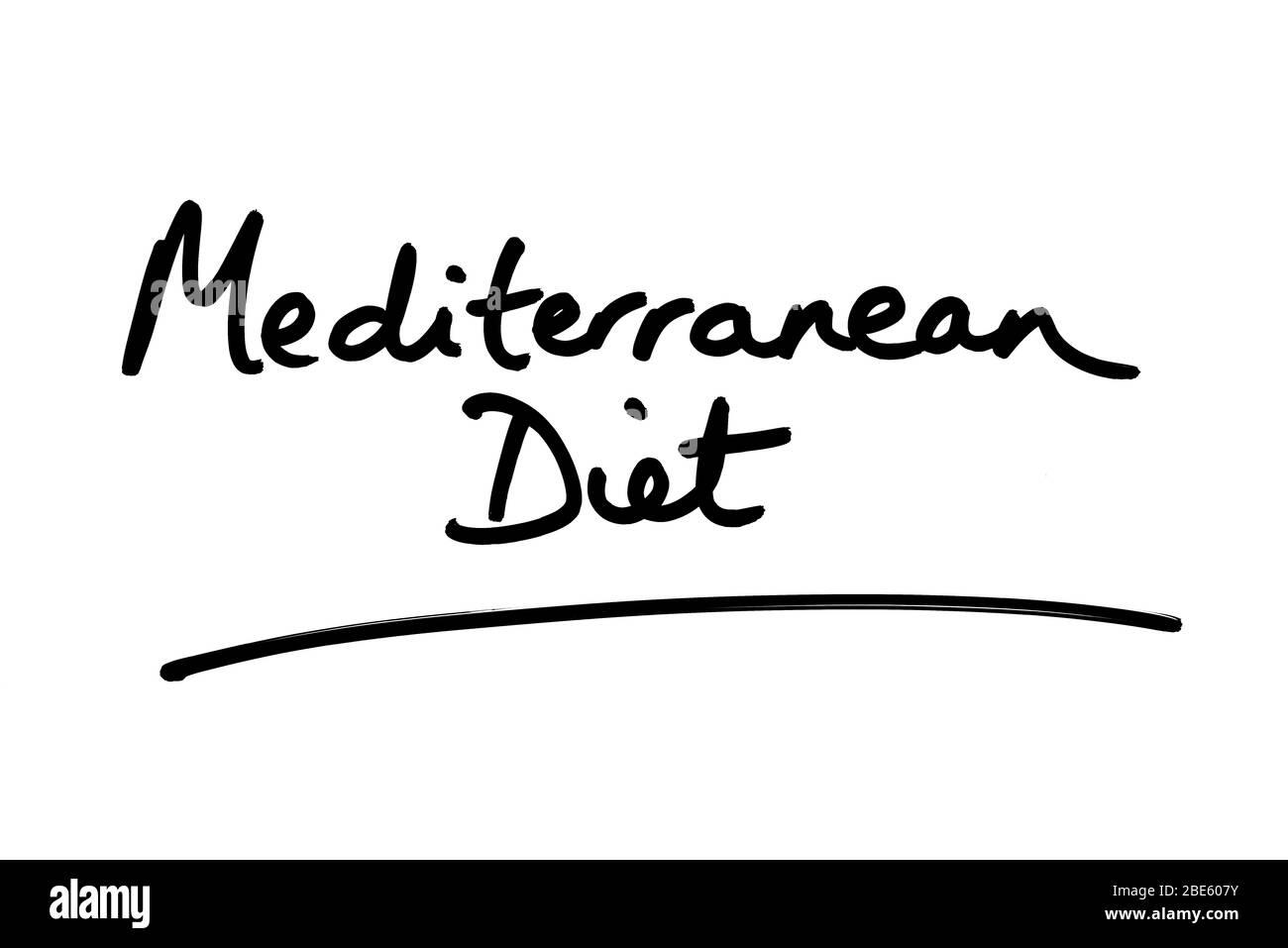 Dieta mediterranea manoscritta su sfondo bianco. Foto Stock