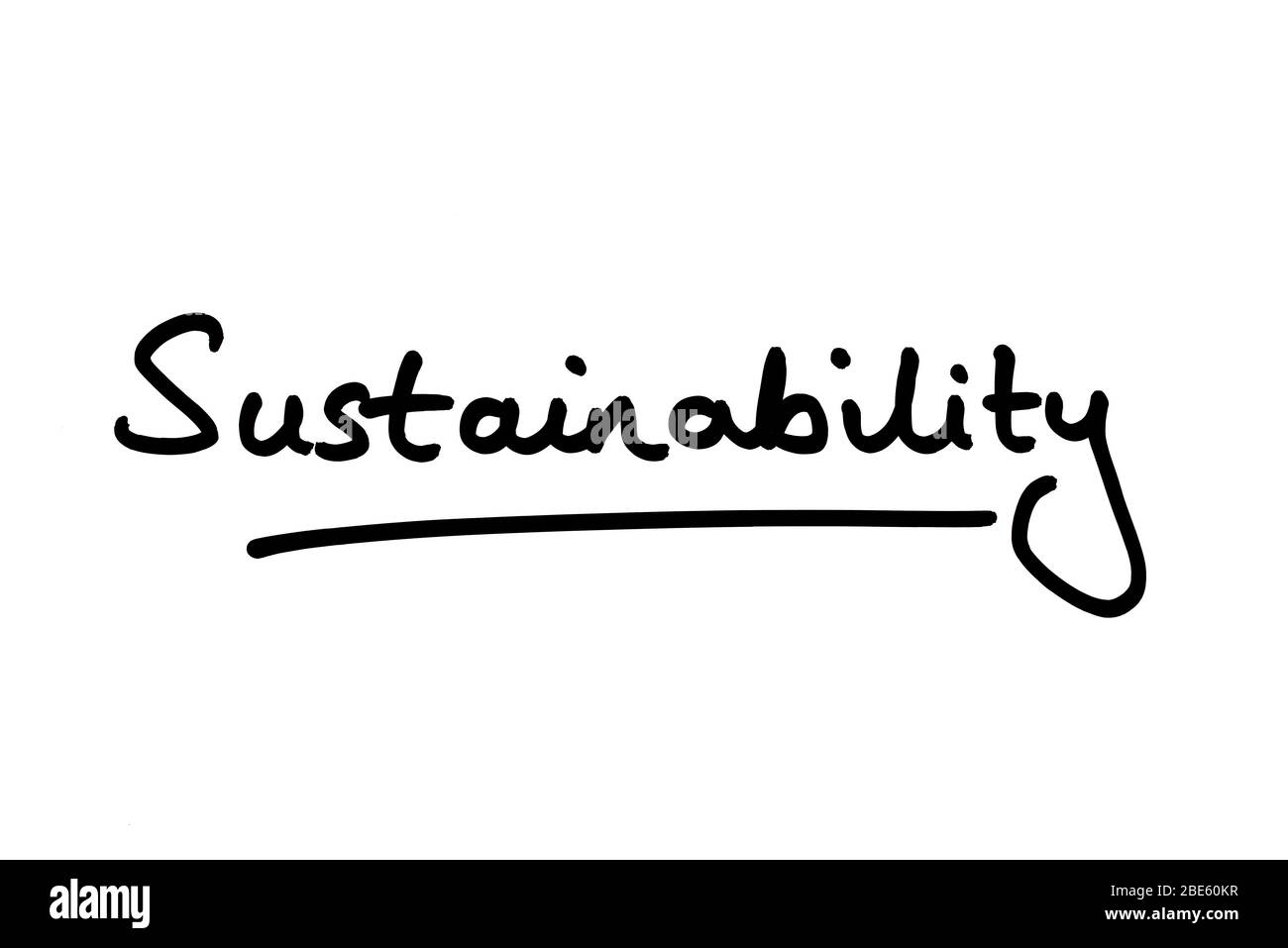 La parola Sostenibilità scritta a mano su sfondo bianco. Foto Stock