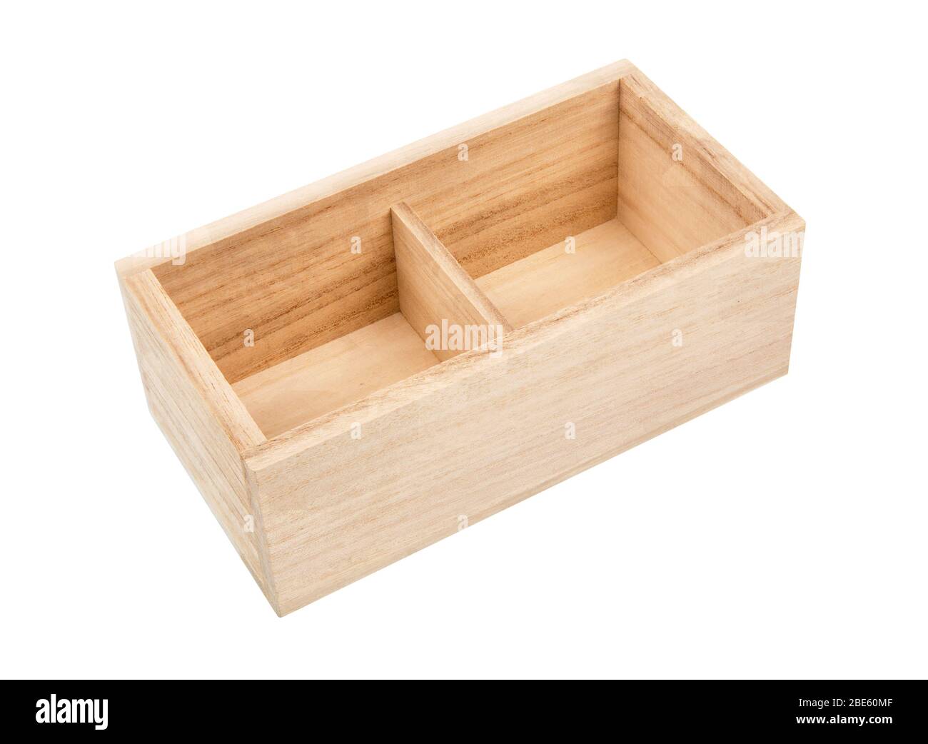 Scatola di legno isolata su sfondo bianco. Aprire la scatola. Foto Stock