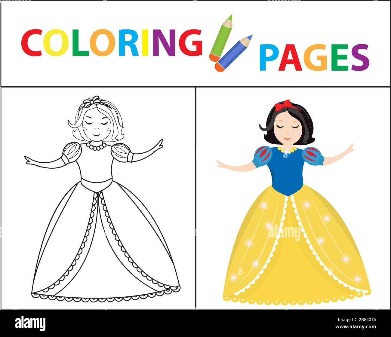 Pagina del libro da colorare per i bambini. Neve bianca piccola principessa. Profilo dello schizzo e versione a colori. Educazione dei bambini. Illustrazione. Foto Stock