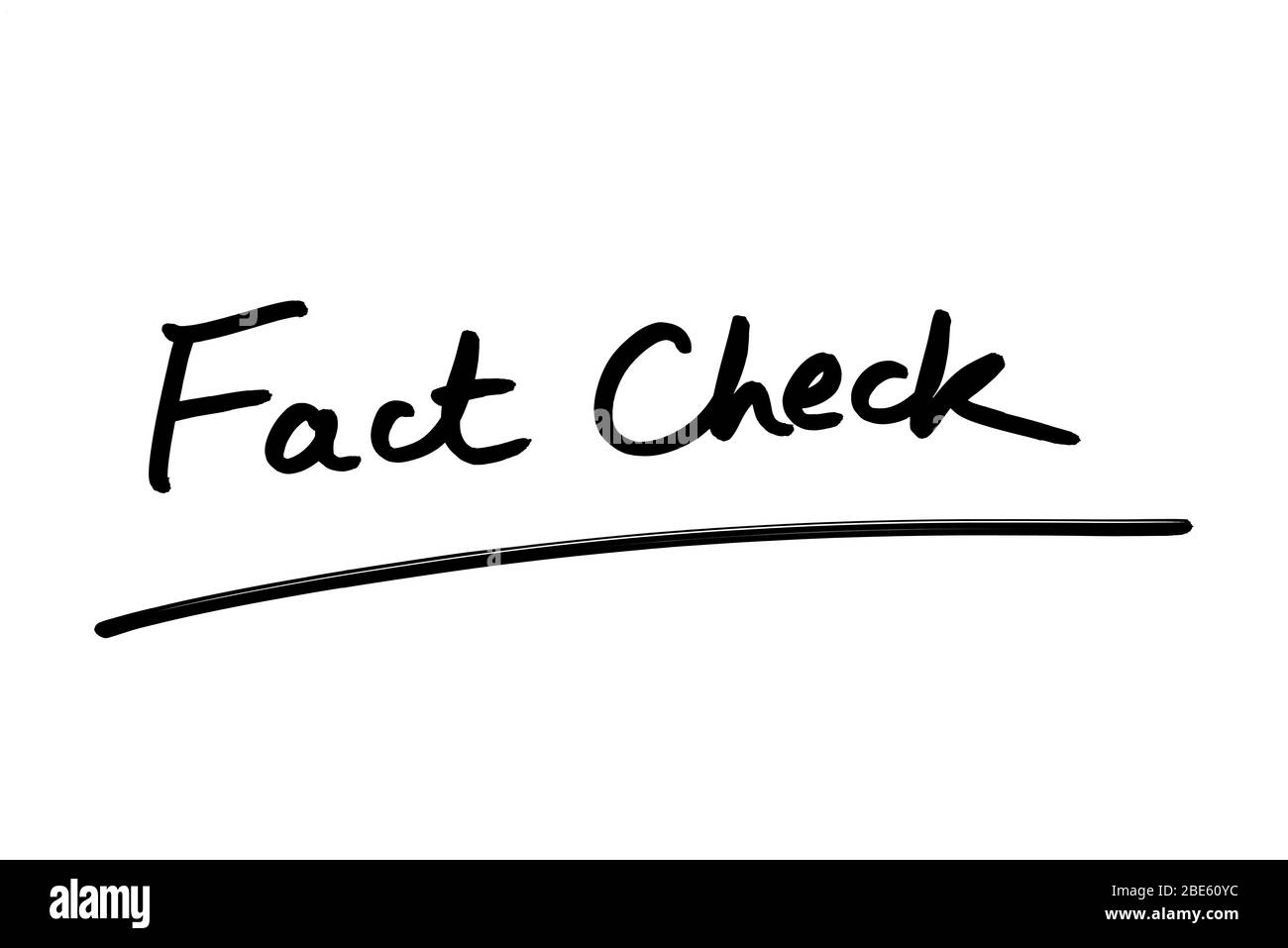 Fact Check scritto a mano su sfondo bianco. Foto Stock