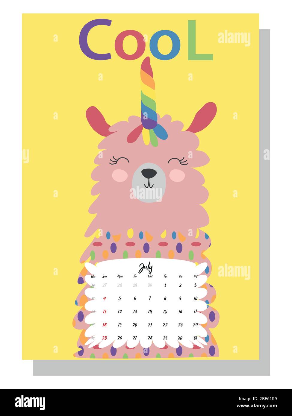 Calendario mensile carino del 2021 con lama, cactus, iscrizioni in stile scandinavo per bambini. Per Web, banner, poster, etichette e stampa. Illustrazione Vettoriale