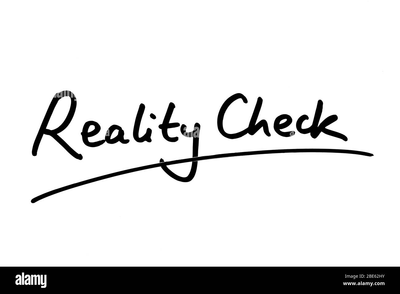 Reality Check scritto a mano su sfondo bianco. Foto Stock