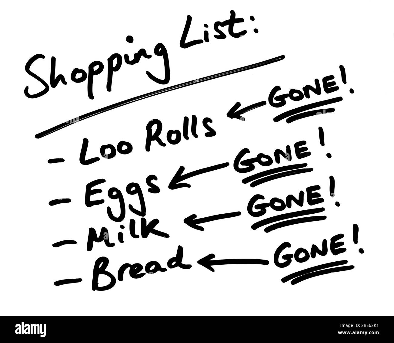 Primo piano di una lista acquisti con tutti gli articoli non disponibili per l'acquisto. Foto Stock