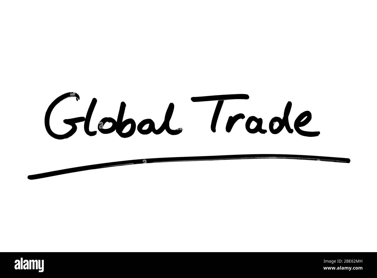 Commercio globale scritto a mano su sfondo bianco. Foto Stock
