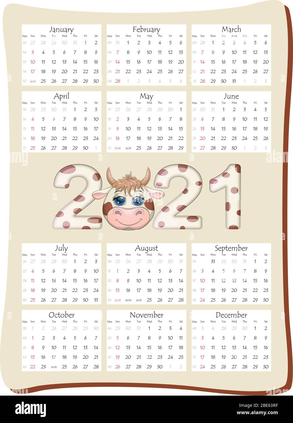 2021 calendario annuale 12 mesi, calendario modello in orientamento verticale con una bella iscrizione 2021 con il simbolo dell'anno mucca, toro. Illustrazione Vettoriale