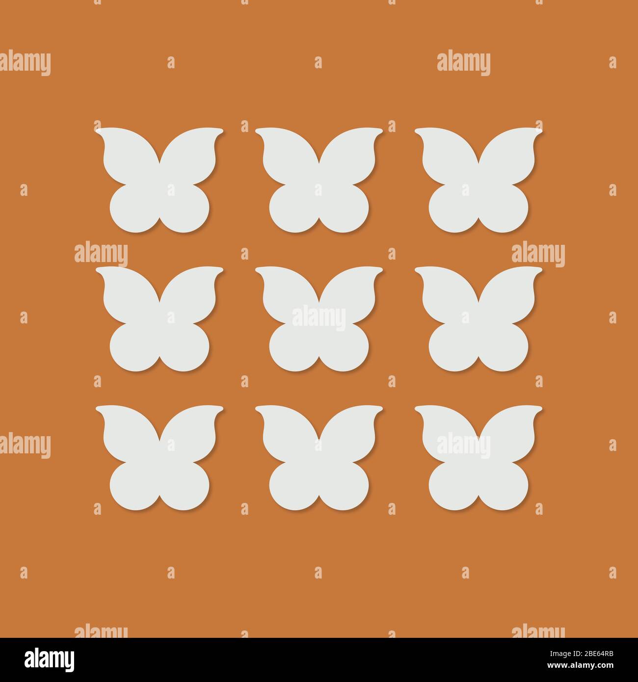 Nove farfalle disposte in griglia su sfondo marrone. Illustrazione vettoriale piatta con motivo a molla personalizzabile. Illustrazione Vettoriale