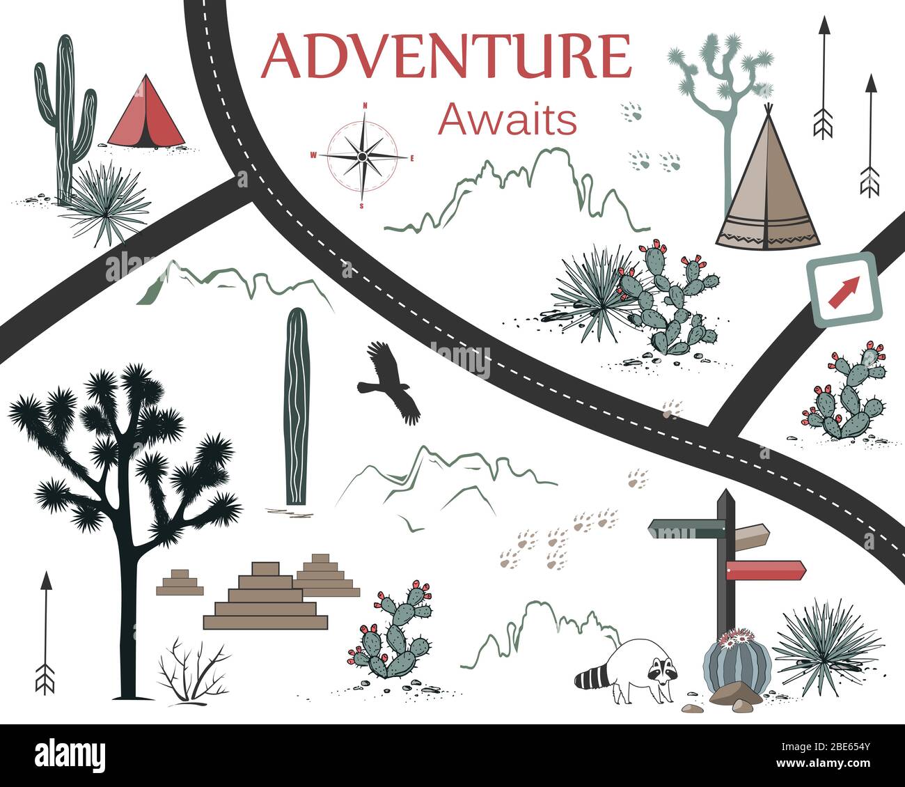 Strade, montagne e Cactus Adventure Map. Design per la stampa o poster con elementi tribali nativi americani. Illustrazione vettoriale Illustrazione Vettoriale