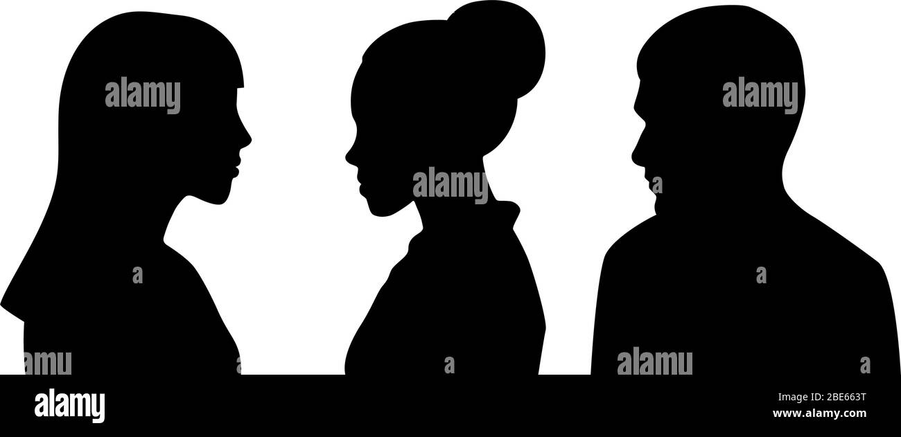 Silhouette testa di due donne e uomo, vista profilo. File vettoriale personalizzabile in bianco e nero. Illustrazione Vettoriale
