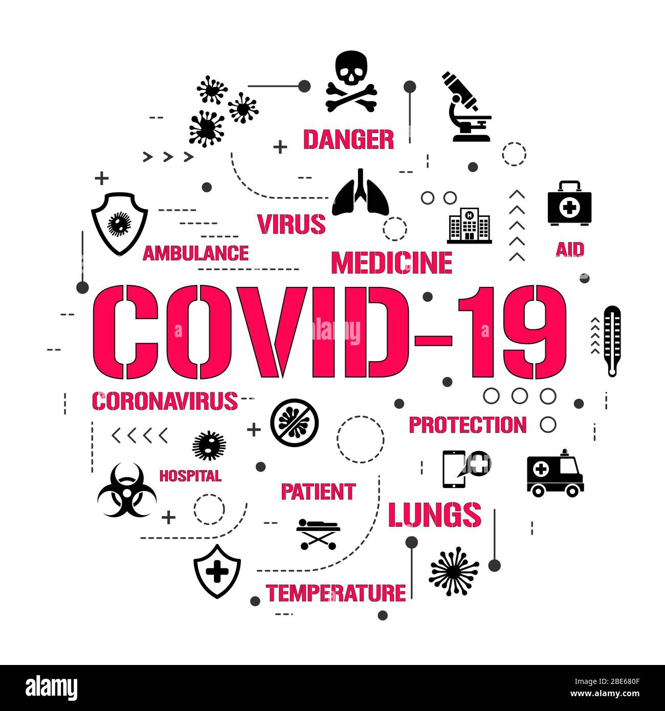 Schema infografico Covid-19. Modello vettoriale per punte per uso domestico. Brochure di Coronavirus UI UX. Disinfezione del disegno di presentazione del cerchio di testo. Salute, igiene Illustrazione Vettoriale