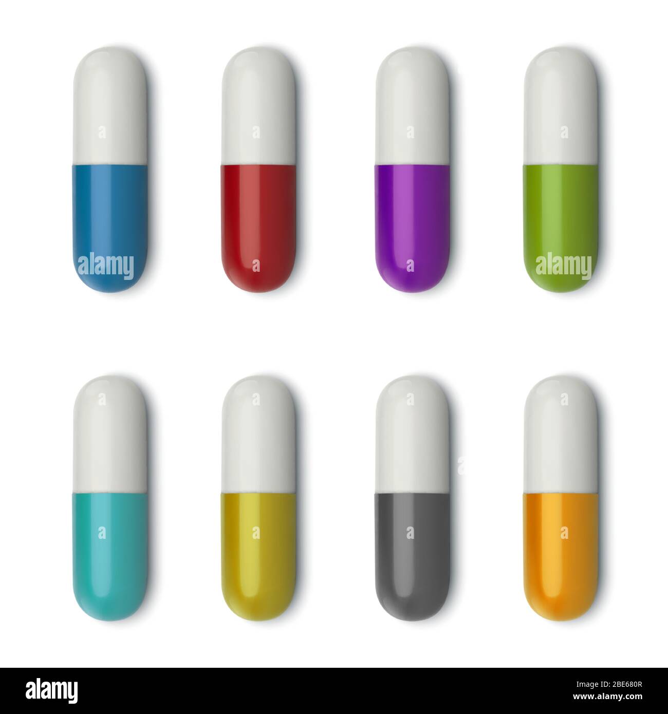 pillola medica bianca realistica 3d, vista dall'alto. Modello di disegno di pillole, capsule per la grafica, mockup. Illustrazione vettoriale. Illustrazione Vettoriale