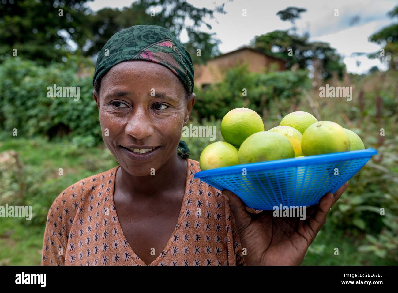 Donna vende arance lungo la strada al mercato a Jenka, Etiopia, Africa. Foto Stock