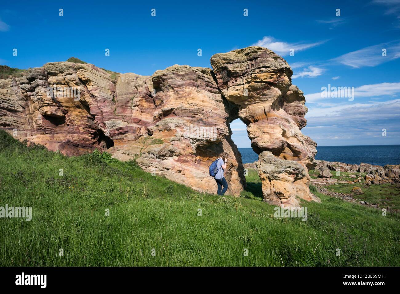 Una turista femminile si avvicina alle grotte di Caiplie, o insenature, formazioni rocciose lungo il Mare del Nord sul Fife Coastal Path, Crail, Scozia, Europa Foto Stock