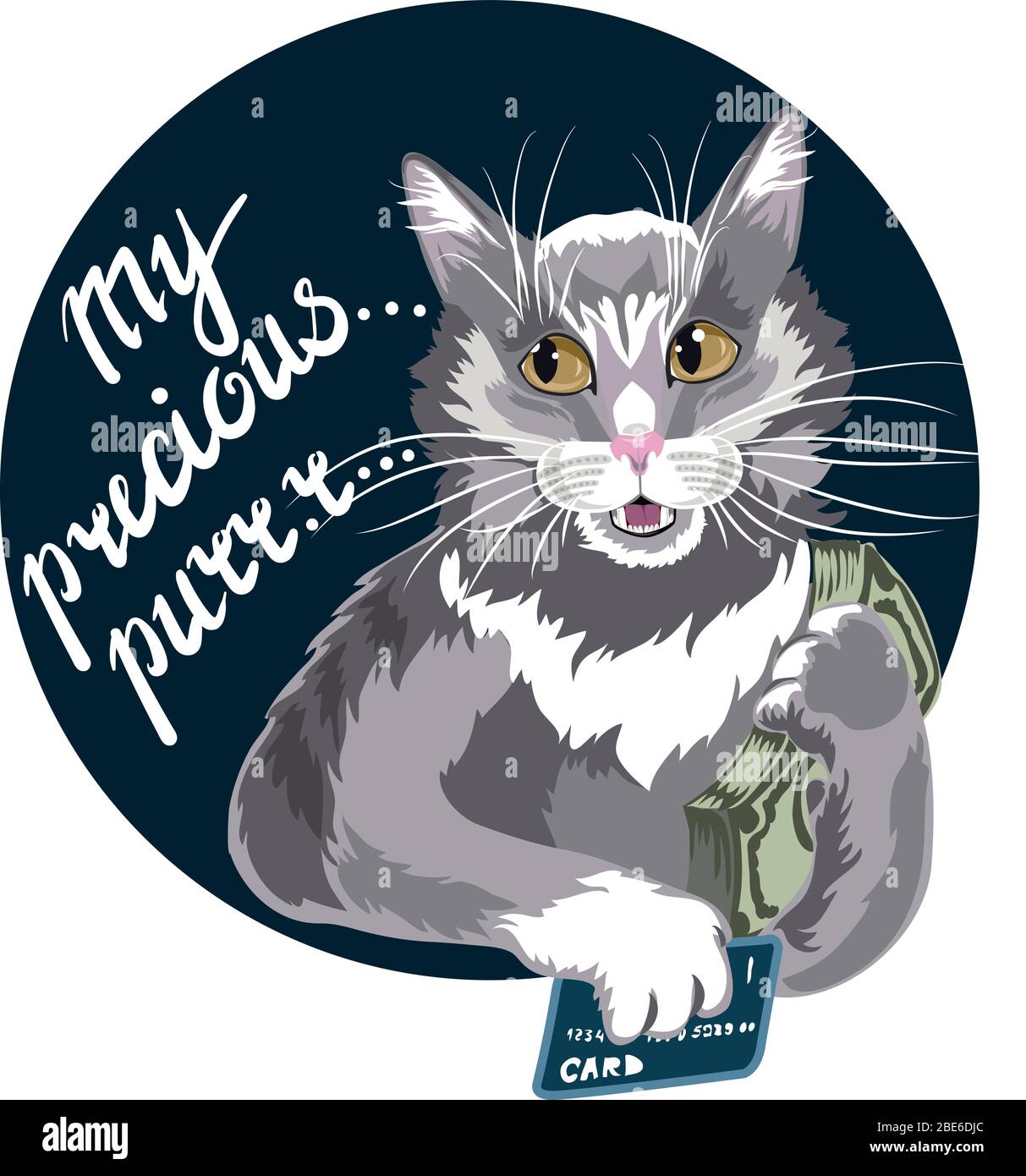 Gatto di affari con soldi nelle sue mani. Carattere animale dell'uomo d'affari il concetto di successo finanziario. Caratteri disegnati a mano. Illustrazione Vettoriale