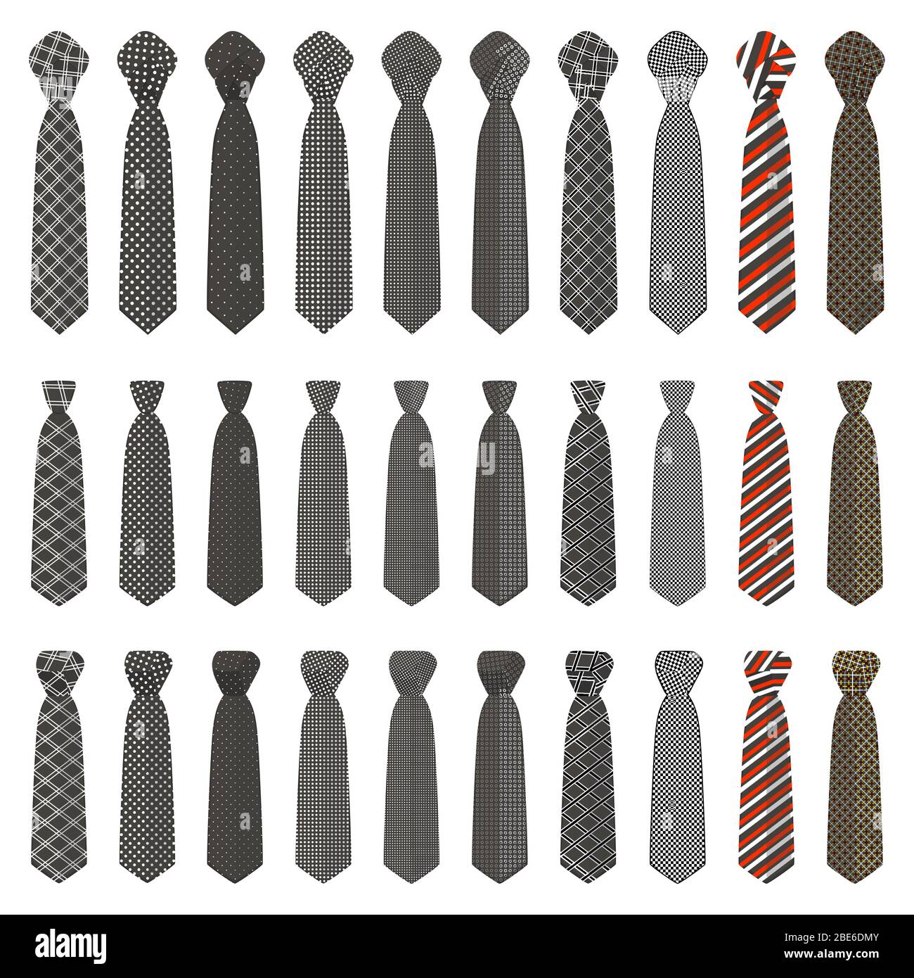 Illustrazione sul tema grande impostare vincoli diversi tipi, cravatte a  varie dimensioni. Cravatta disegno consistente raccolta di indumenti di  materie tessili cravatta per celebrati Immagine e Vettoriale - Alamy