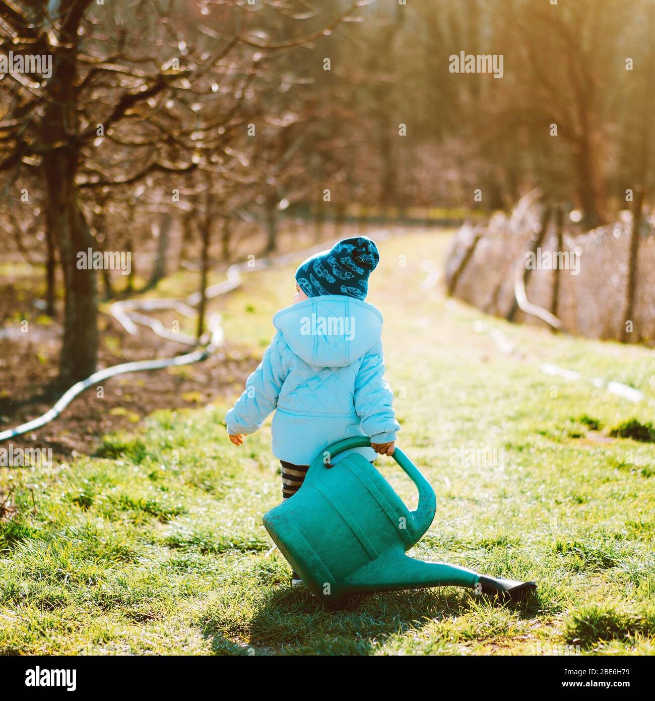 Bambino bambino piccolo bambino bambino che cammina con grande annaffiatoio può in giardino. Adorabile bambino che aiuta i genitori a coltivare le verdure. Attività all'aperto, amore, famiglia Foto Stock