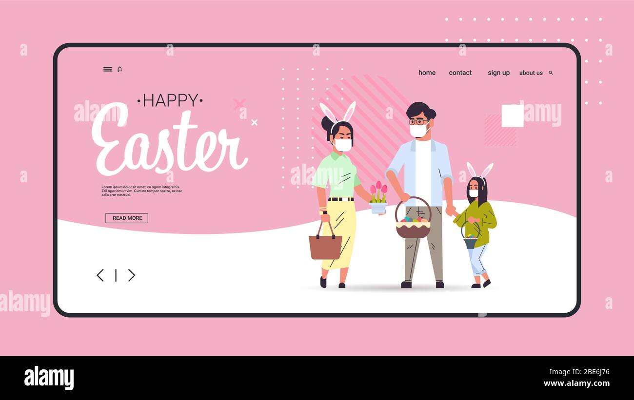 famiglia che tiene cestini con uova celebrare felice pasqua vacanza indossare maschera per prevenire coronavirus orizzontale a tutta lunghezza copia spazio illustrazione vettoriale Illustrazione Vettoriale