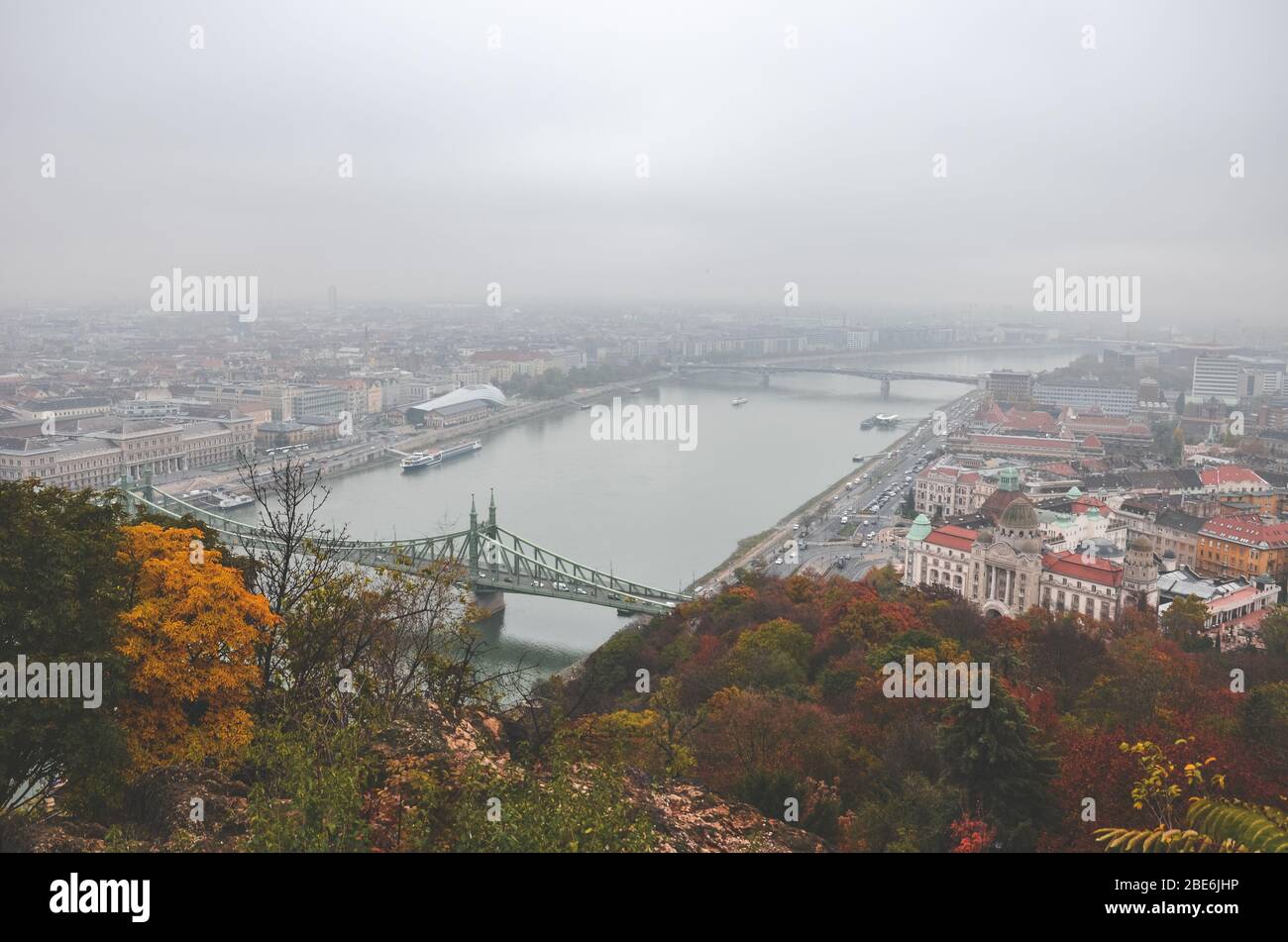 Budapest, Ungheria - 6 novembre 2019: La città della capitale ungherese con il Danubio e il Ponte della libertà. La città vecchia sullo sfondo. Giorno piovoso di overcast. Alberi autunnali colorati in primo piano. Foto Stock
