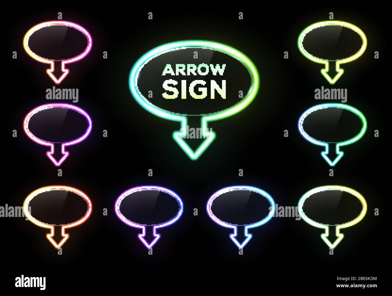 Set di design con banner con luci al neon colorate e ovali. Frecce illuminate elettriche luminose con lastra di vetro su sfondo nero. Elementi di gradiente Illustrazione Vettoriale