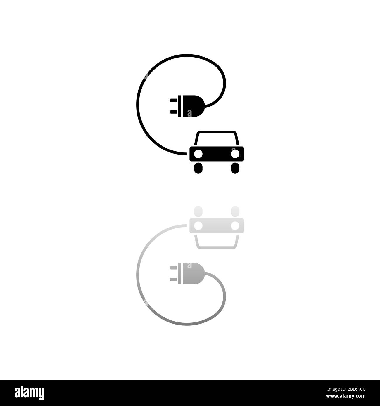 Auto elettrica. Simbolo nero su sfondo bianco. Illustrazione semplice. Icona vettore piatto. Specchia ombra di riflessione. Può essere utilizzato con logo, Web, dispositivi mobili e. Illustrazione Vettoriale