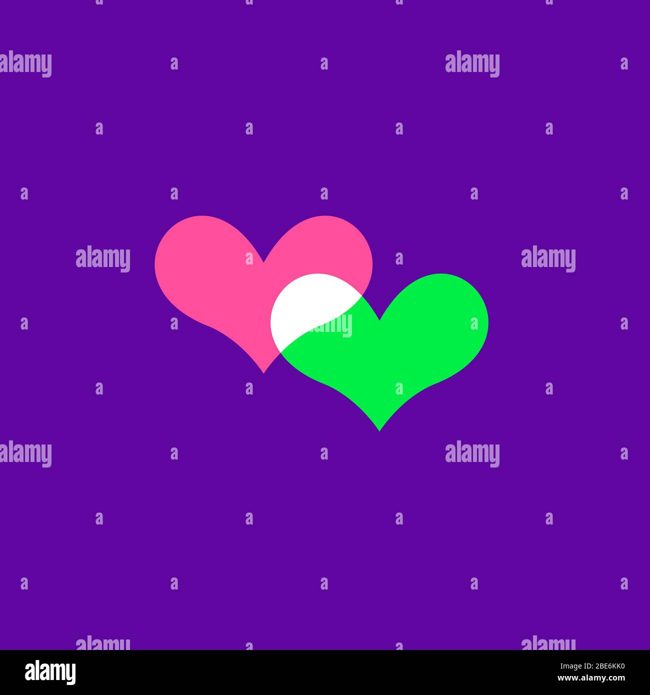 Design piatto con icone. Semplice illustrazione di elementi vettoriali in stile moderno. Romantico cuore icona verde e rosa. Simbolo dell'amore isolato su sfondo viola Illustrazione Vettoriale