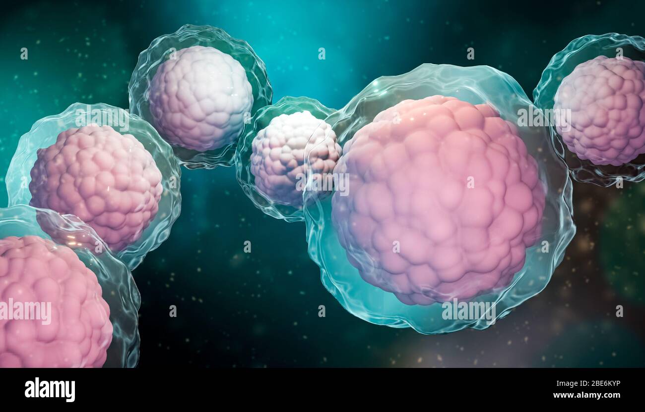 Gruppo di cellule staminali con primo piano su membrana e nucleo su sfondo verde blu. Biomedica, biologia, microbiologia, scienza, medicina microscopica 3d Foto Stock