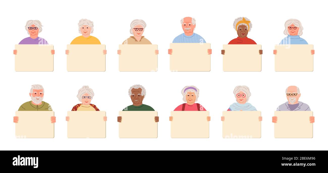 Anziani gruppo persone anziane con cartoni animati banner in bianco. Uomini anziani, donne anziane età di pensionamento manifestanti attivisti, parata. Rappresentanti di diverse nazioni persone anziane poster. Illustrazione vettoriale Illustrazione Vettoriale