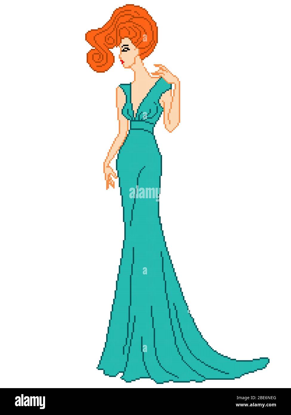 Astratto di signorina elegante in turchese lungo vestito con occhi chiusi, colore pixelated illustrazione, può essere usato in ricamo Illustrazione Vettoriale